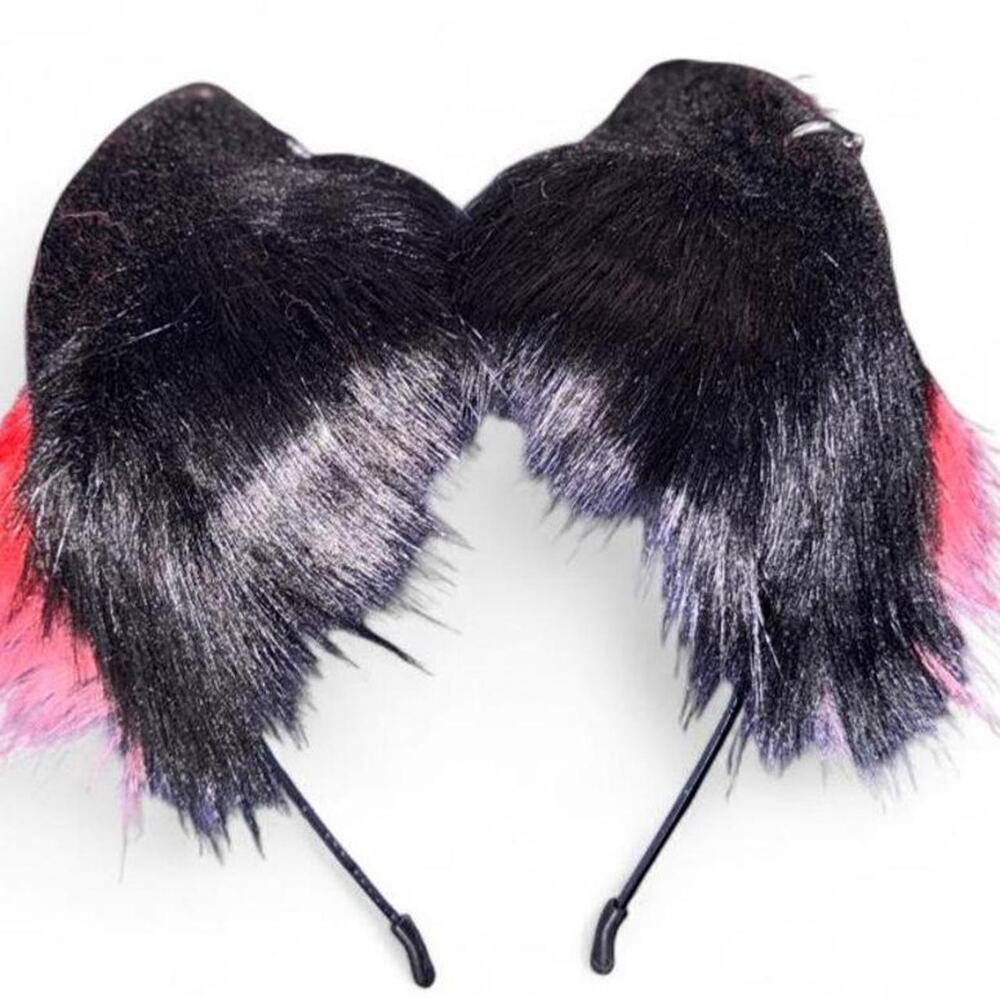 Fire! Black Red Orange Silver Stars Pierced Faux Fur Furry Cat Ears Headband - Picture 4 of 4